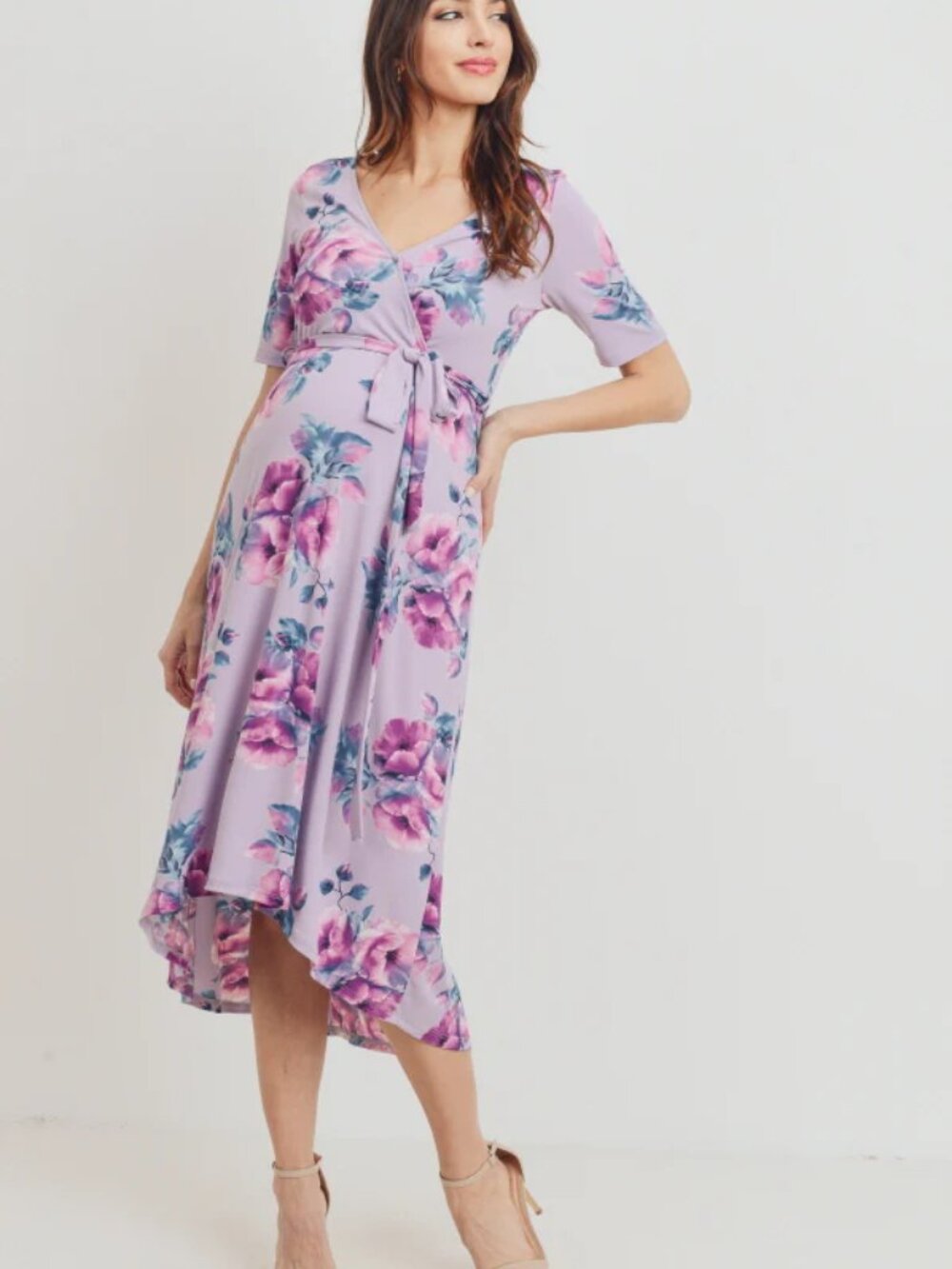 Floral High Low Faux Wrap Maternity & Nursing Dress - Lavender Size M - Picture 16 of 16